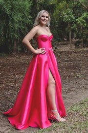 A-Line Strapless Empire-Waist Sleeveless Satin Long Prom Formal Dress with Slit