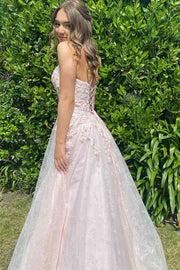 Spaghetti Straps A-Line Empire-Waist Scoop Appliques Tulle Prom Dress