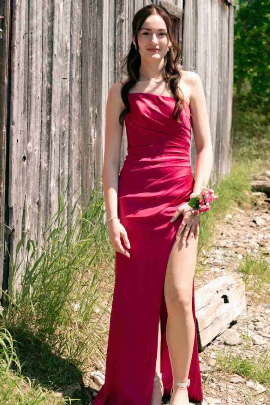 Burgundy Strapless Sleeveless Pleated Satin Side Slit Long Prom Dress