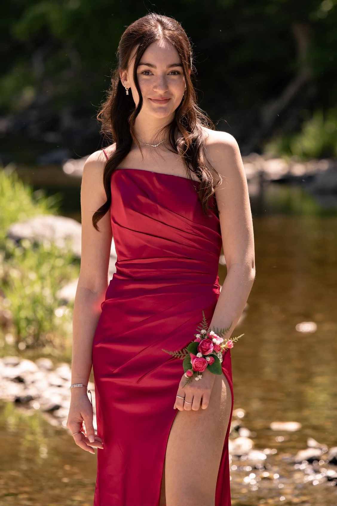 Burgundy Strapless Sleeveless Pleated Satin Side Slit Long Prom Dress