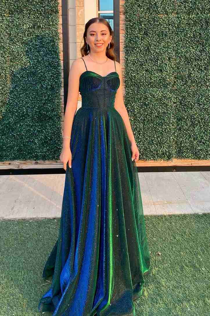 green emerald velvet dress V-Neck Spaghetti Straps Empire Lace Appliques A-Line Prom Dress –  Movousdress main image 1