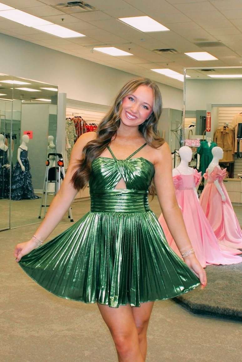 Champagne Metallic Spaghetti Strap Pleated A-Line Homecoming Dress Modsele Champagne Metallic Spaghetti Strap Pleated A-Line Homecoming Dress Modsele