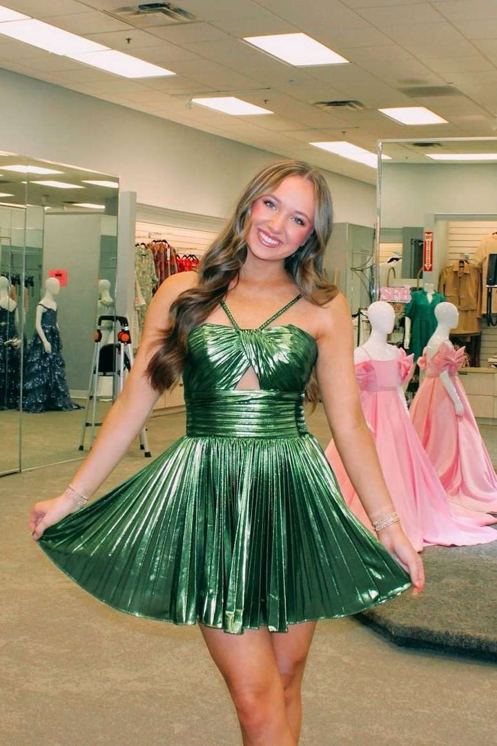 Champagne Metallic Spaghetti Strap Pleated A-Line Homecoming Dress