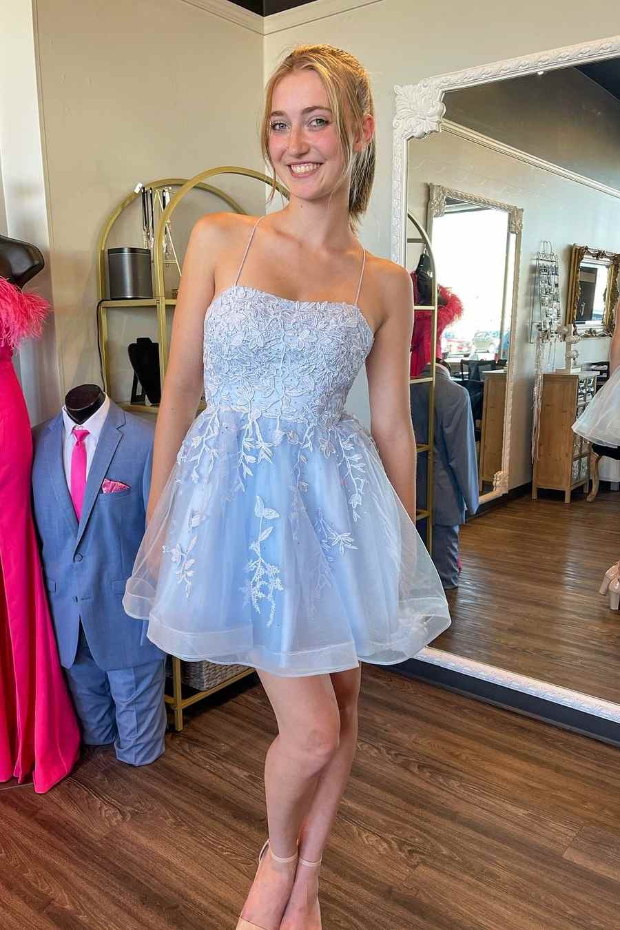 A-Line Lace Appliques Sleeveless Empire-Waist Blue Short Homecoming Dress