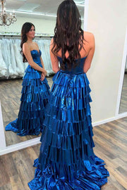 A-Line Metallic Empire-Waist Sweetheart Ruffle Tiered Long Prom Dress