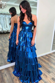 A-Line Metallic Empire-Waist Sweetheart Ruffle Tiered Long Prom Dress