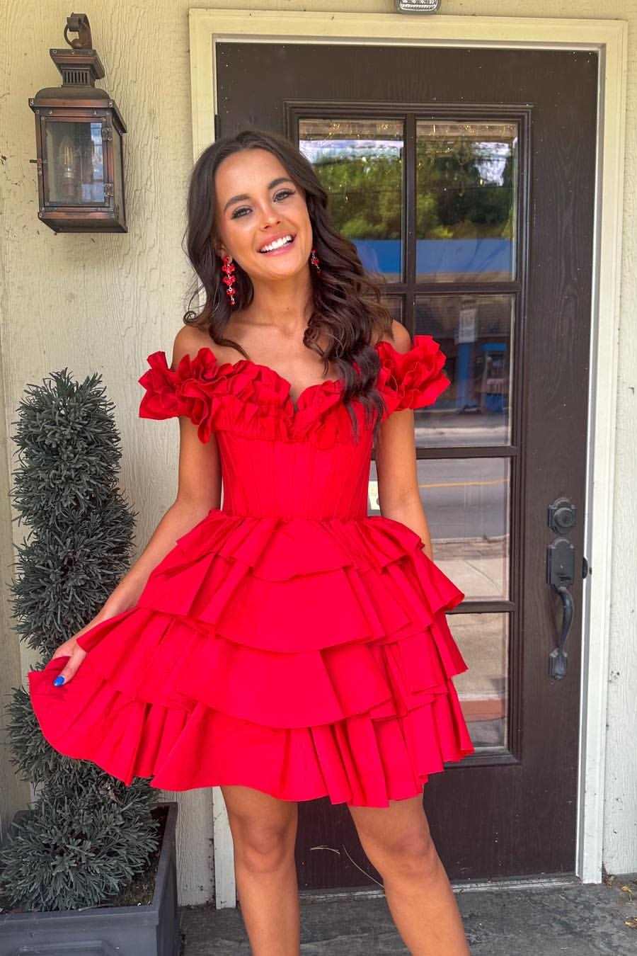 Hot Pink Off the Shoulder Ruffle Satin A-Line Empire-Waist Short Homecoming Dress