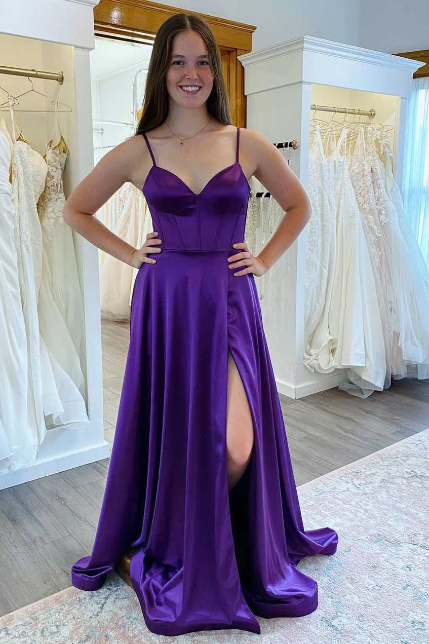 A-Line Spaghetti Straps V-Neck Sleeveless Pleated Long Prom Dress with Slit