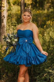 Strapless Ruffle Sleeveless A-Line Short Homecoming Dress with Bow