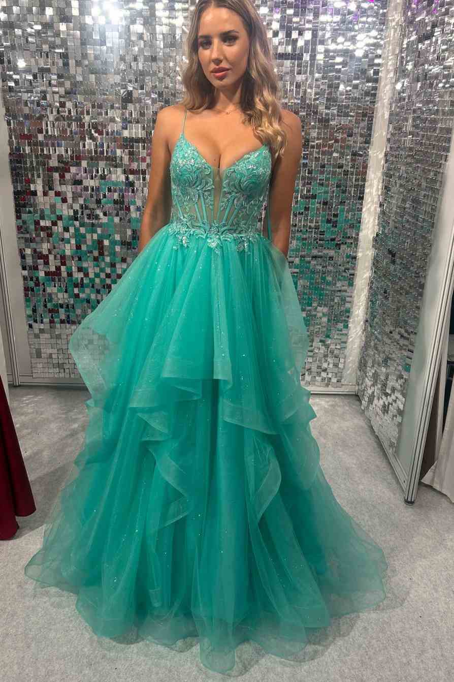 Spaghetti Straps V-Neck Empire-Waist Sleeveless Long Prom Dress