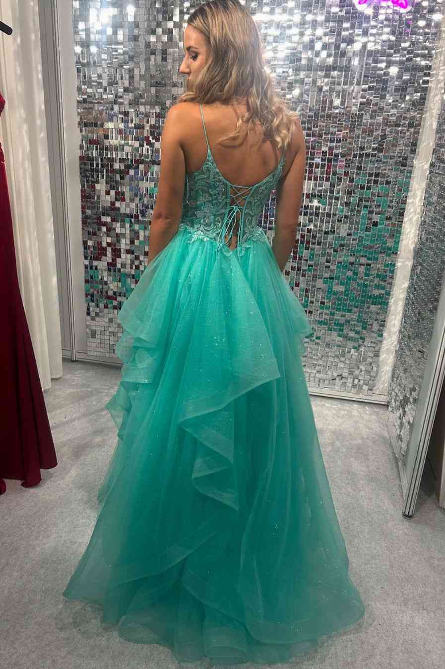 Spaghetti Straps V-Neck Empire-Waist Sleeveless Long Prom Dress