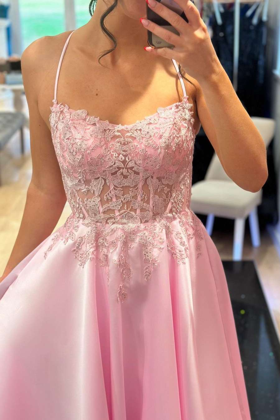 Spaghetti Straps Appliques A-Line Empire-Waist Sleeveless Long Prom Formal Gown