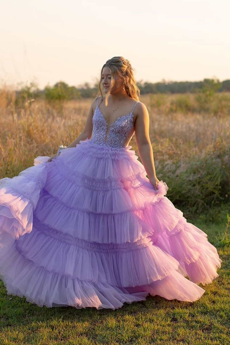 Spaghetti Strap V-Neck Sleeveless Ruffle Tiered Tulle Long Ball Gown