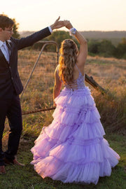 Spaghetti Strap V-Neck Sleeveless Ruffle Tiered Tulle Long Ball Gown