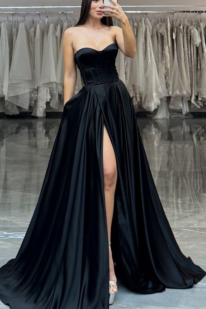 A-Line Strapless Empire-Waist Sleeveless High Slit Long Formal Prom Dr