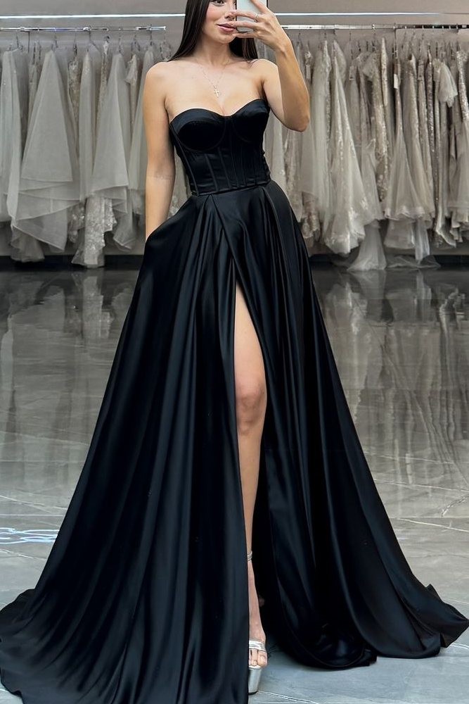 A-Line Strapless Empire-Waist Sleeveless High Slit Long Formal Prom Dress