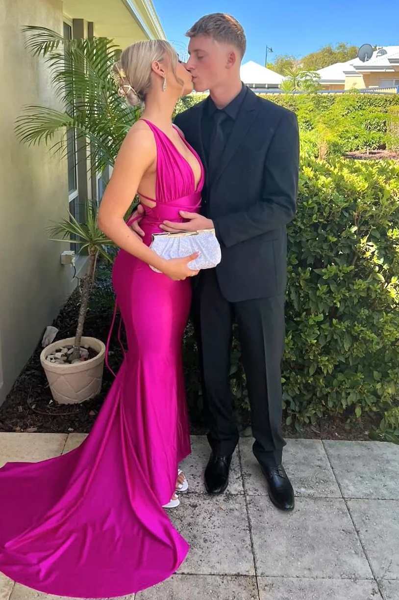 Burgundy Mermaid Deep V-Neck Sleeveless Pleated Satin Long Prom Formal Modsele Burgundy Mermaid Deep V-Neck Sleeveless Pleated Satin Long Prom Formal Modsele