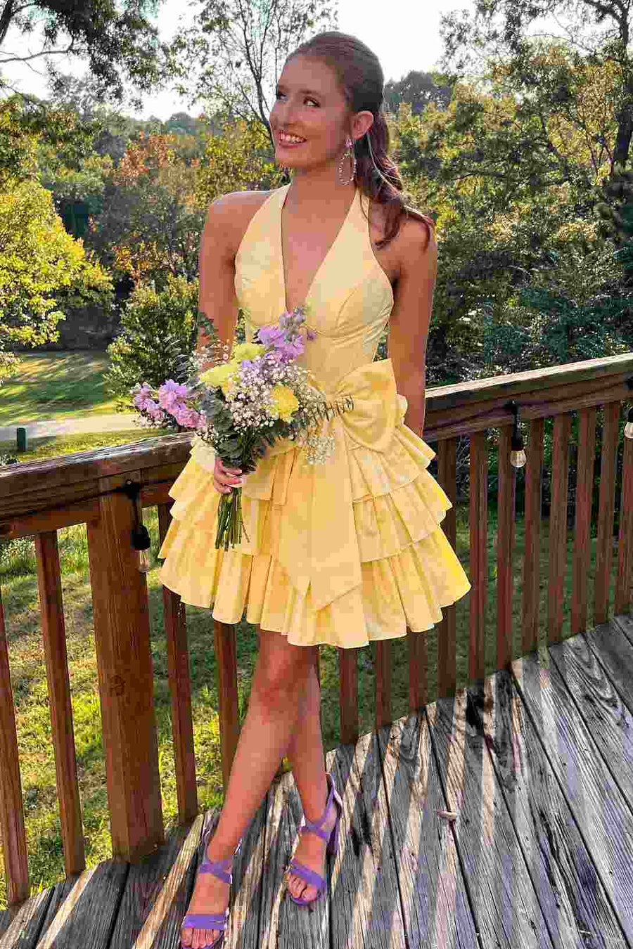 Halter V- Neck Ruffle Satin Sleeveless Short Homecoming Dress with Bow Modsele Halter V- Neck Ruffle Satin Sleeveless Short Homecoming Dress with Bow Modsele