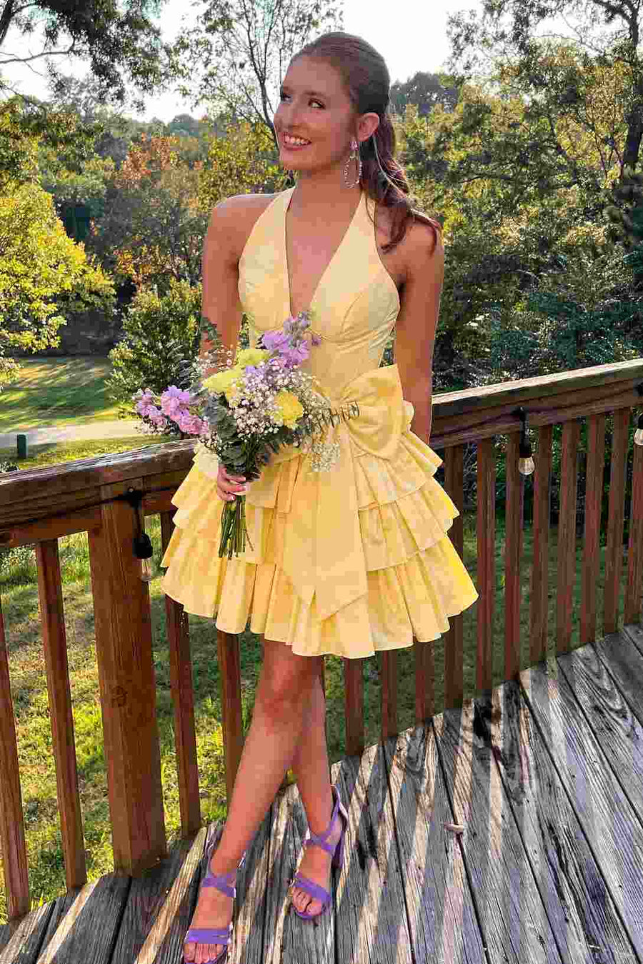 Halter V- Neck Ruffle Satin Sleeveless Short Homecoming Dress with Bow