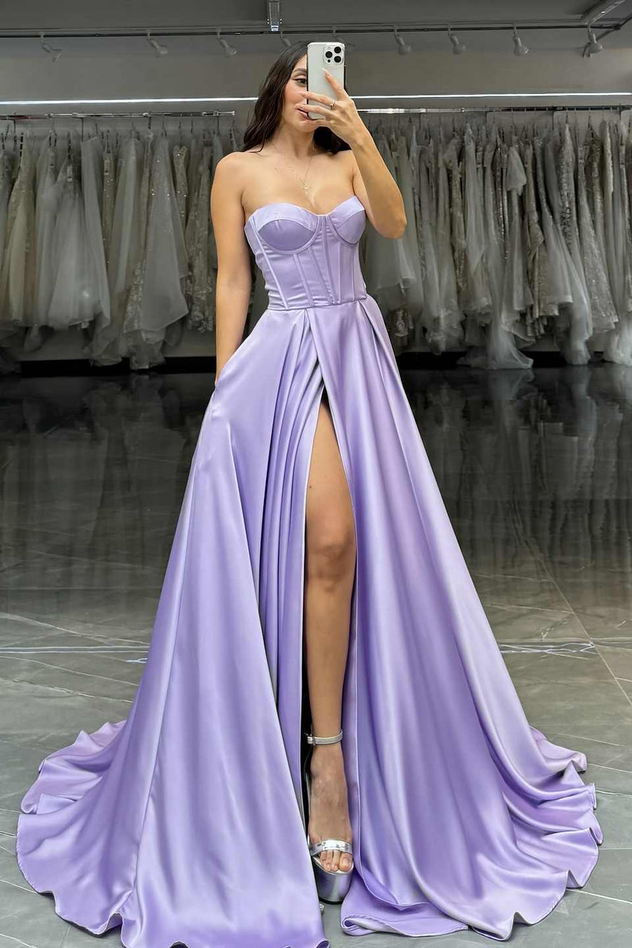 A-Line Strapless Empire-Waist Sleeveless High Slit Long Formal Prom Dress