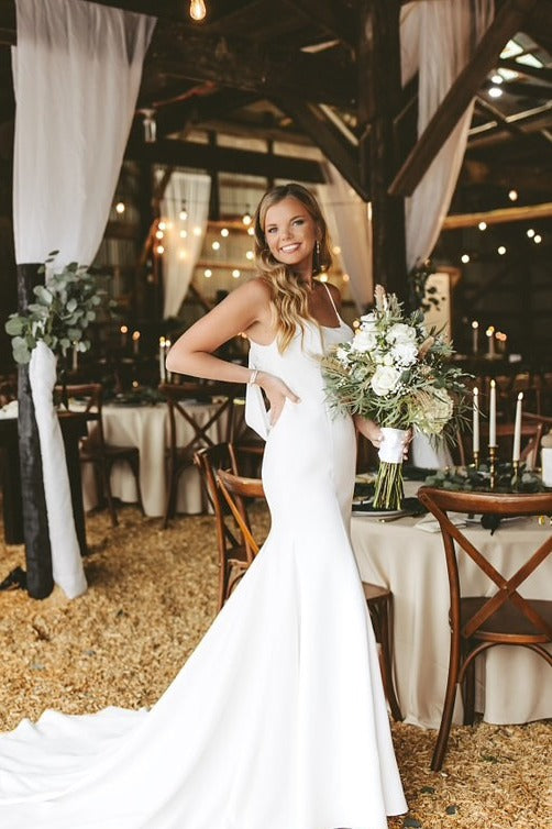 Spaghetti Straps Mermaid Sleeveless Satin Long Beach Wedding Dress