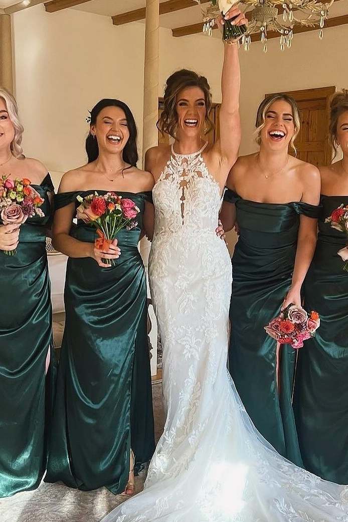 Green Off-Shoulder Satin Pleated Long Bridesmaid Dress with Slit