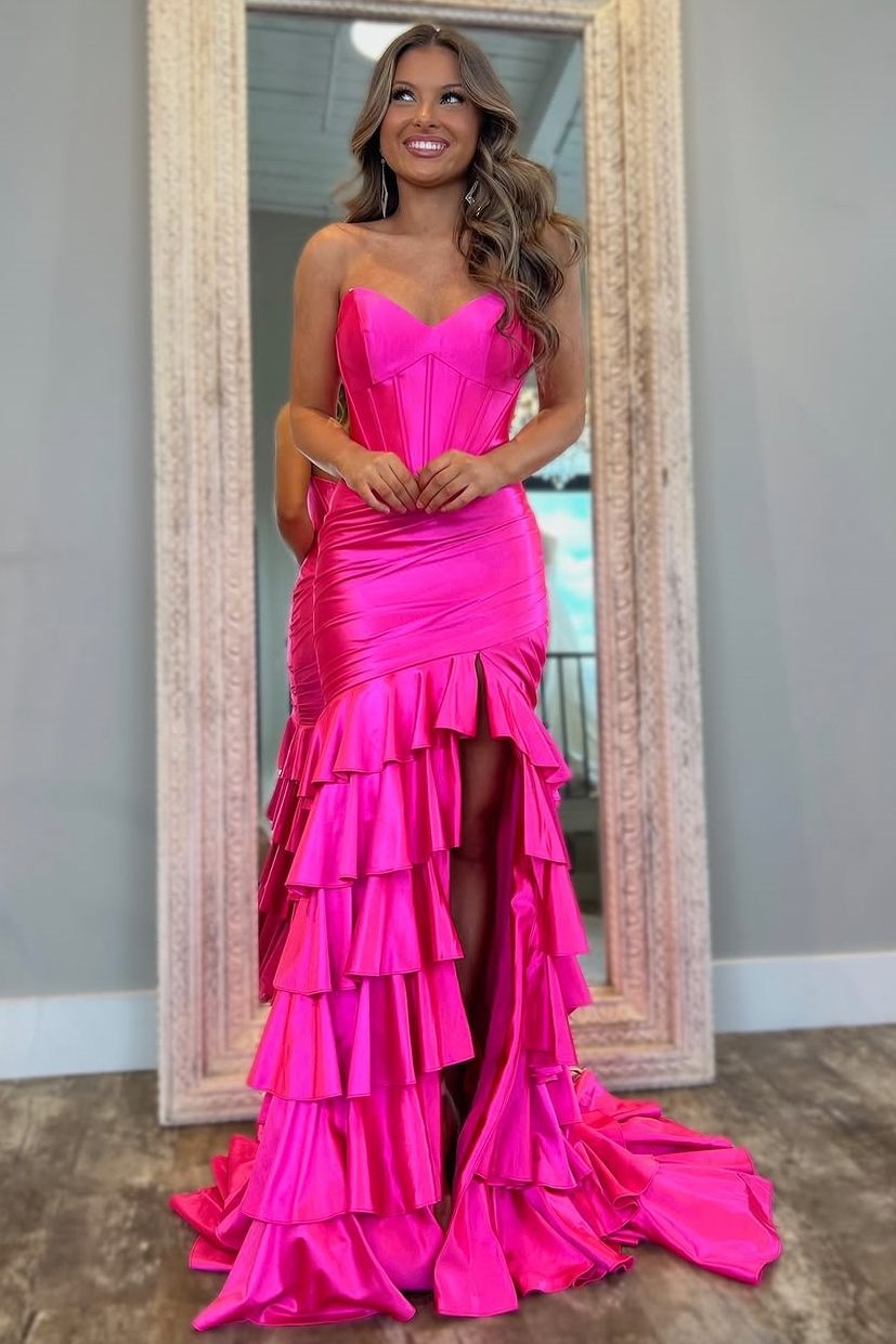 Strapless V-Neck Pleated Satin Layered Long Prom Dress with Slit – Modsele