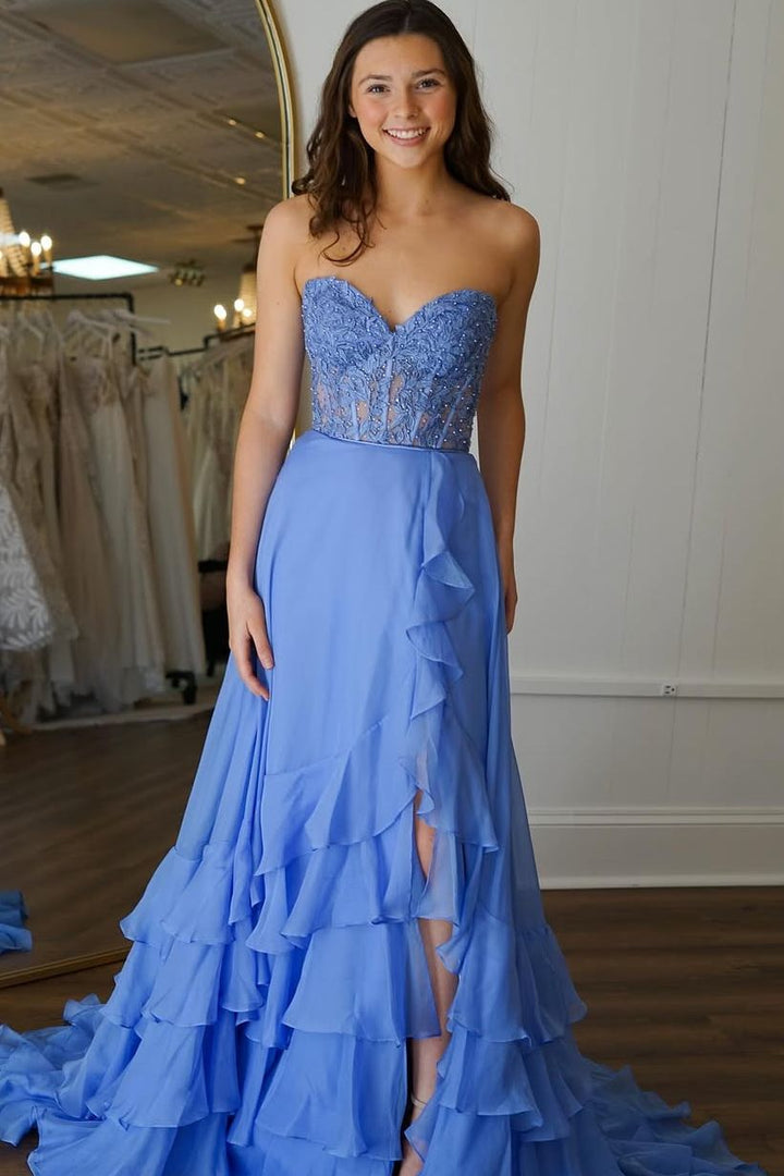A-Line Strapless V-Neck Empire-Waist Ruffles Chiffon Long Prom Dress