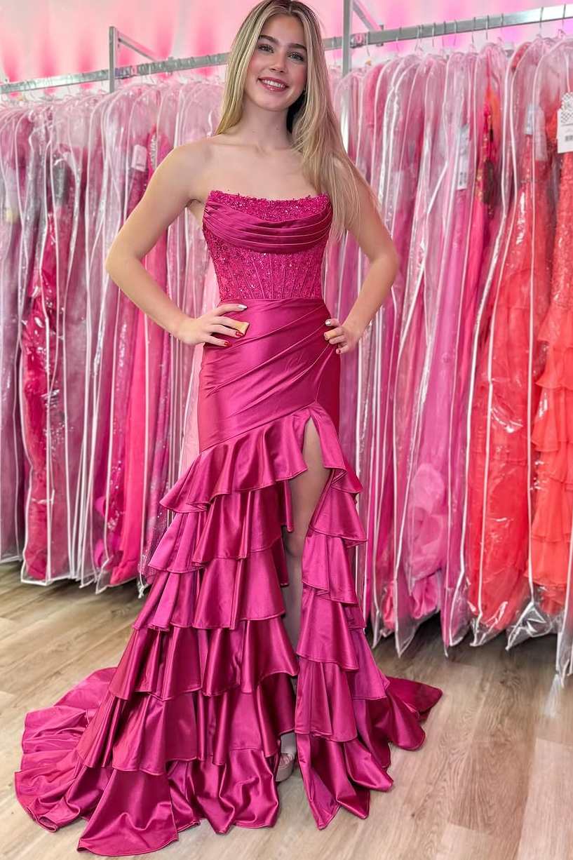 Pink Strapless Scoop Layered Pleated Mermaid Prom Dress with Slit