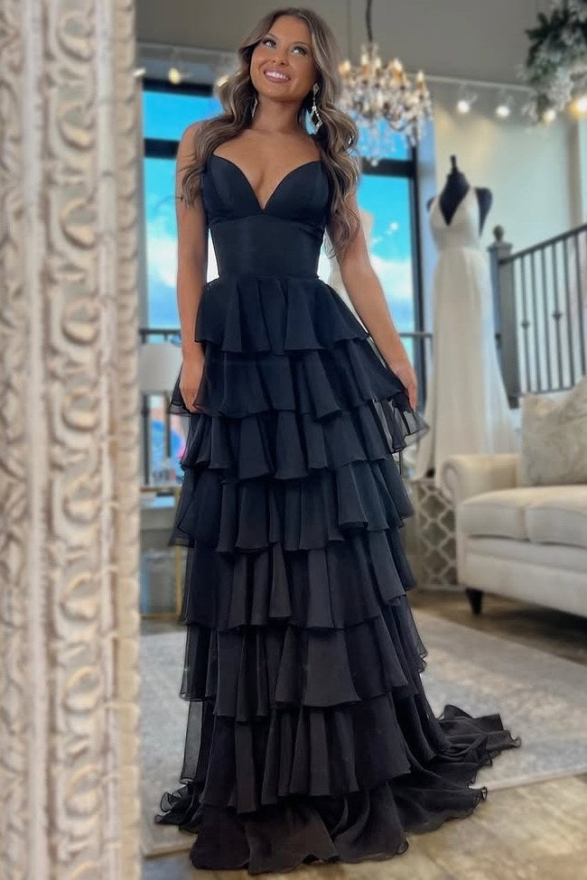 Spaghetti Straps V-Neck Layered Chiffon Sleeveless Long Prom Dress Modsele Spaghetti Straps V-Neck Layered Chiffon Sleeveless Long Prom Dress Modsele