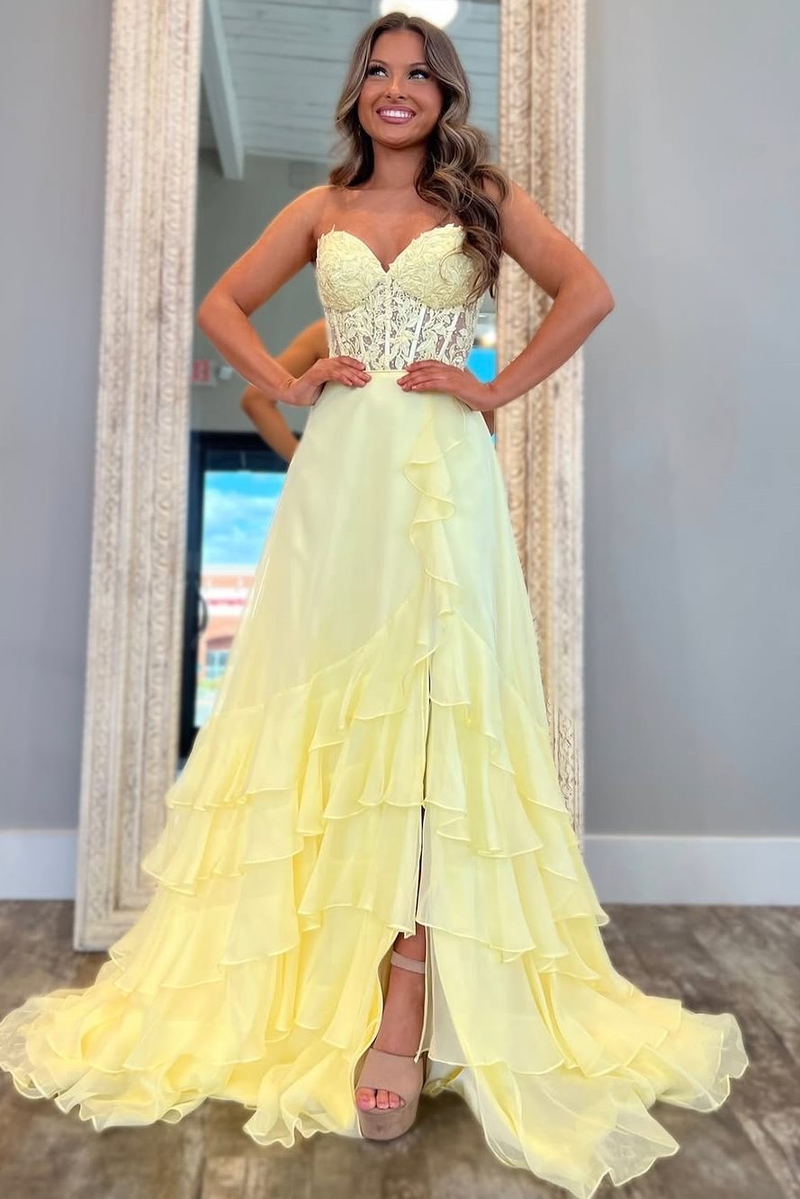 A-Line Strapless V-Neck Empire-Waist Ruffles Chiffon Long Prom Dress –  Modsele