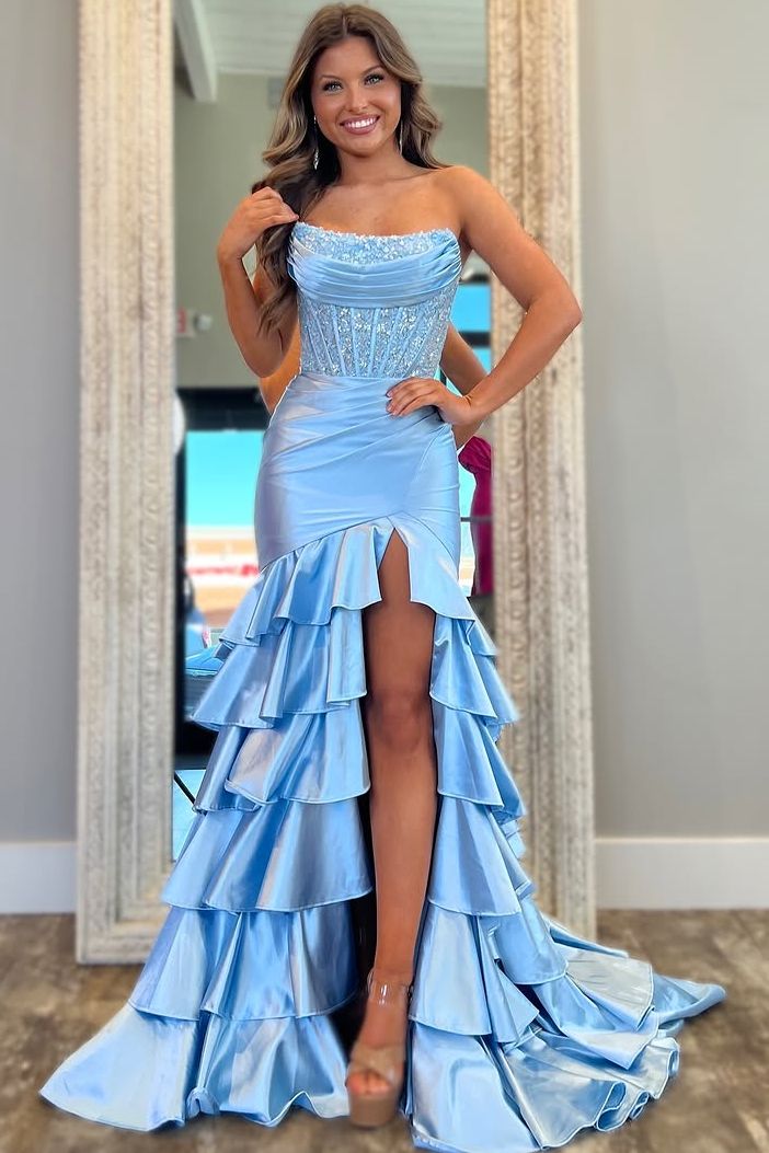 Pink Strapless Scoop Layered Pleated Mermaid Prom Dress with Slit