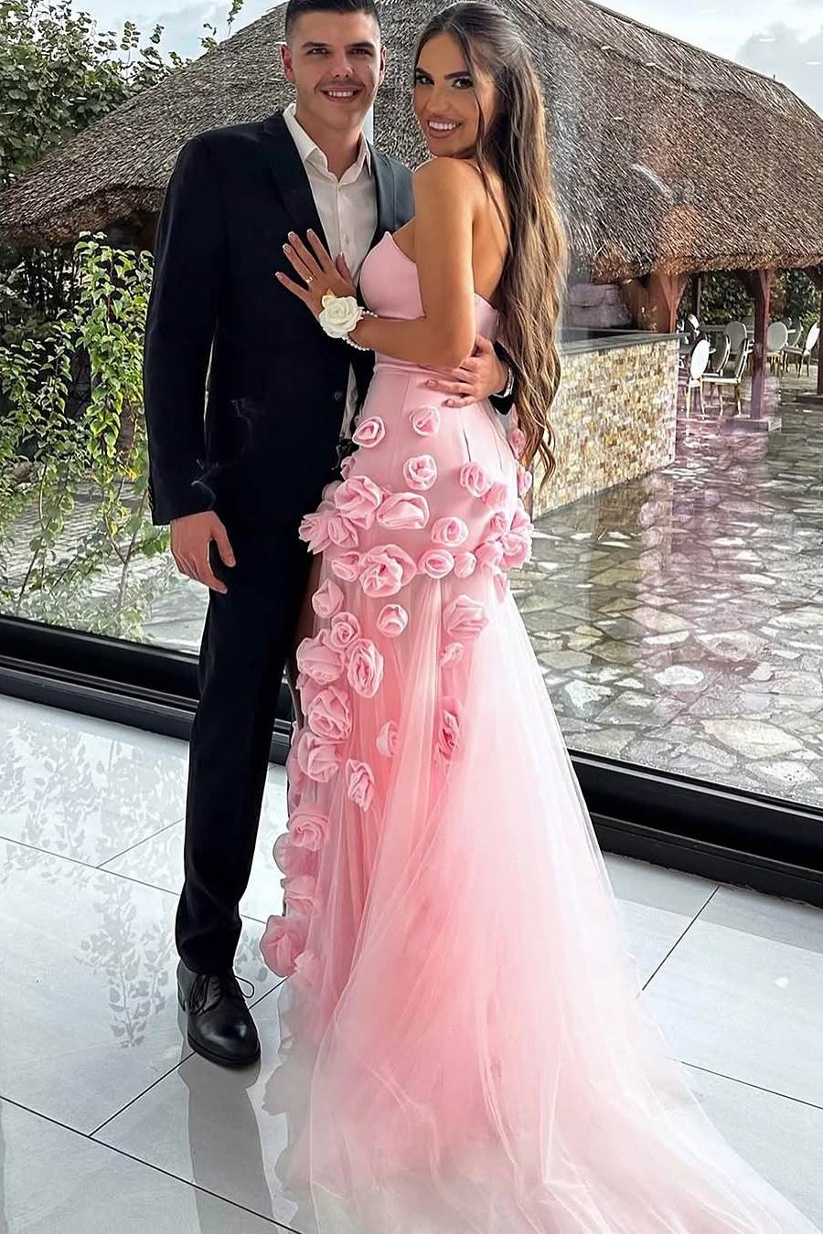 Pink Strapless A-Line 3D Flower Side Slit Long Prom Formal Dress Modsele Pink Strapless A-Line 3D Flower Side Slit Long Prom Formal Dress Modsele