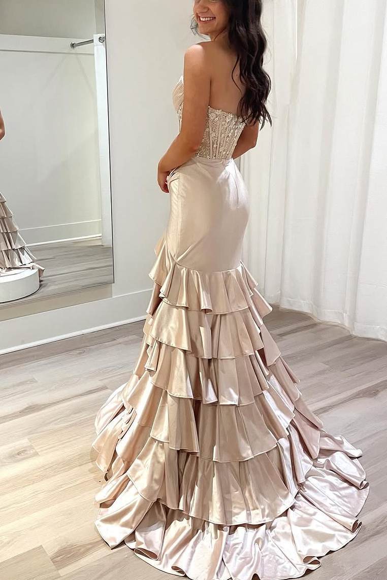 Pink Strapless Scoop Layered Pleated Mermaid Prom Dress with Slit