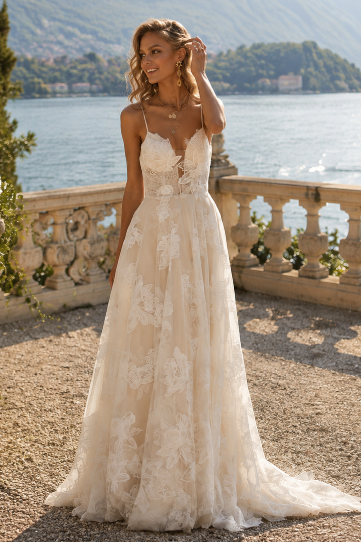 Spaghetti Strap A-Line Lace Wedding Dress with Illusion Bodice and Train