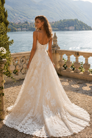 Spaghetti Strap A-Line Lace Wedding Dress with Illusion Bodice and Train