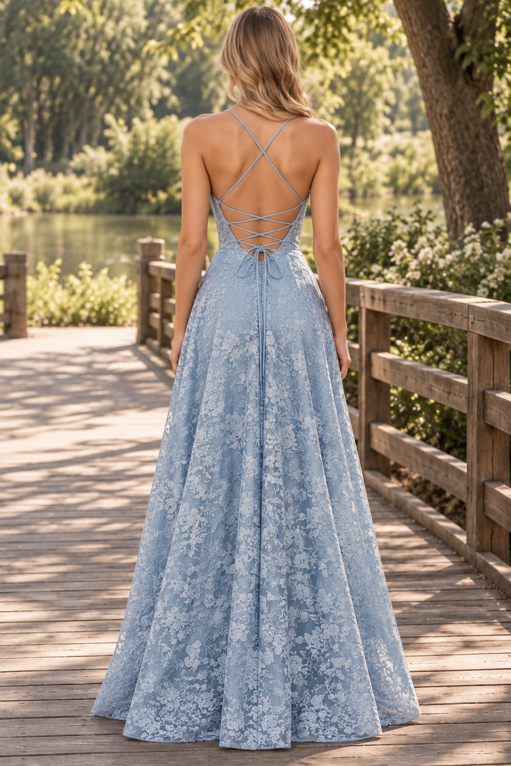Spaghetti Strap V-Neck Lace Appliques A-Line Sleeveless Long Prom Dress with Slit