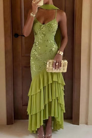 Spaghetti Straps Olive Green Ruffles Chiffon Prom Evening Dress with Appliques