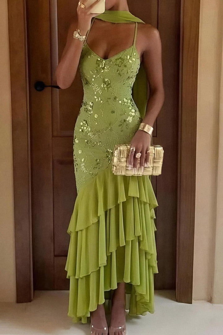 Spaghetti Straps Olive Green Ruffles Chiffon Prom Evening Dress with Appliques