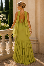 Spaghetti Straps Olive Green Ruffles Chiffon Prom Evening Dress with Appliques