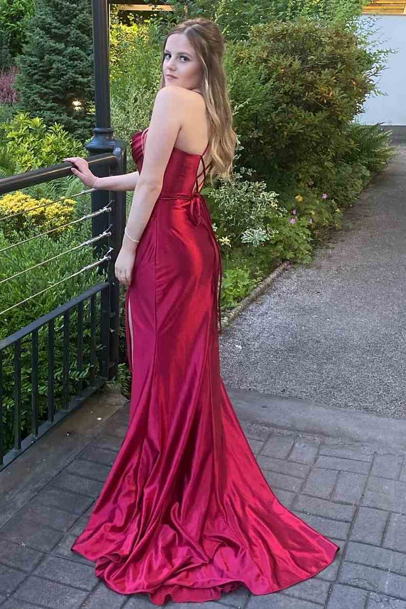 Spaghetti Straps Pleated Satin Sleeveless Mermaid Long Prom Formal Dress