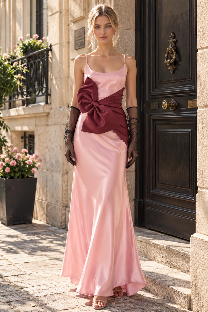 Spaghetti Straps Pleats Color Blacking Bow Satin Prom Formal Dress