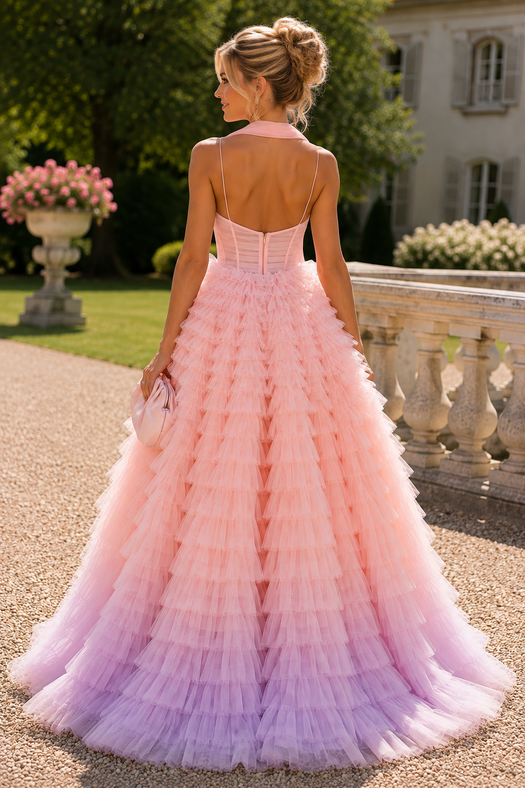 Spaghetti Straps V-Neck A-Line Ruffles Tulle Empire-Waist Long Prom Dress