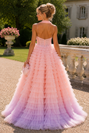 Spaghetti Straps V-Neck A-Line Ruffles Tulle Empire-Waist Long Prom Dress