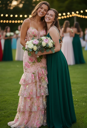 Spaghetti Straps V-Neck Floral Appliques Mermaid Tiered Long Prom Dress