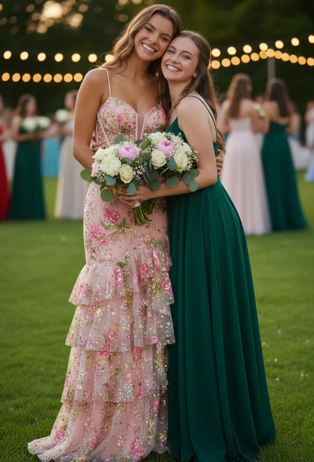 Spaghetti Straps V-Neck Floral Appliques Mermaid Tiered Long Prom Dress