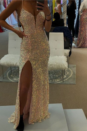 Spaghetti Straps V-Neck Gold Sequined Long Prom Dress with Slit