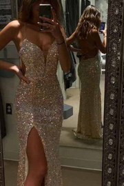 Spaghetti Straps V-Neck Gold Sequined Long Prom Dress with Slit