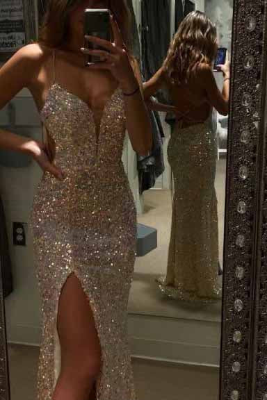 Spaghetti Straps V-Neck Gold Sequined Long Prom Dress with Slit