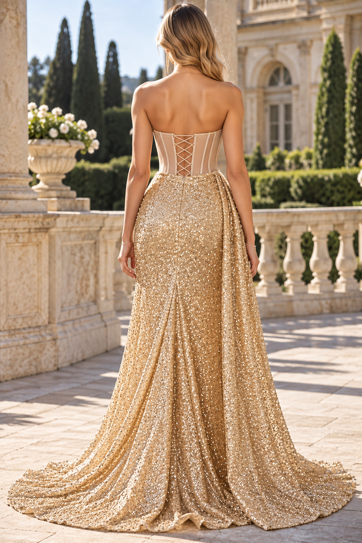 Sparkly A-Line Strapless Scoop Neck High Slit Sequin Prom Evening Dress